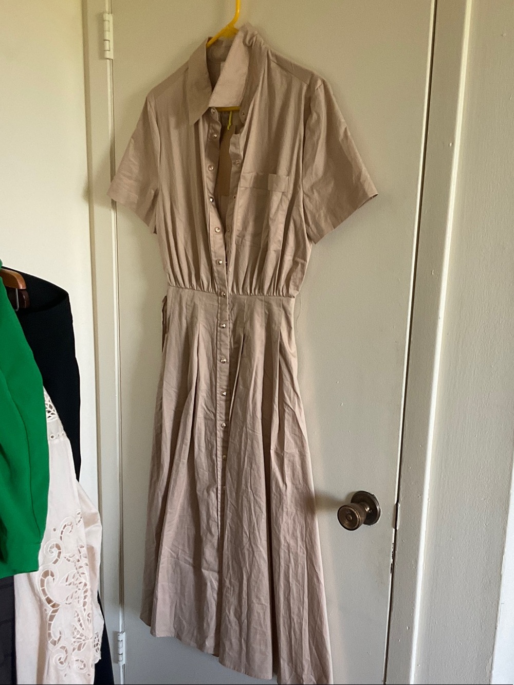Cotton Poplin Belted Midi Shirt Dress in Tan - Picture 3 of 7
